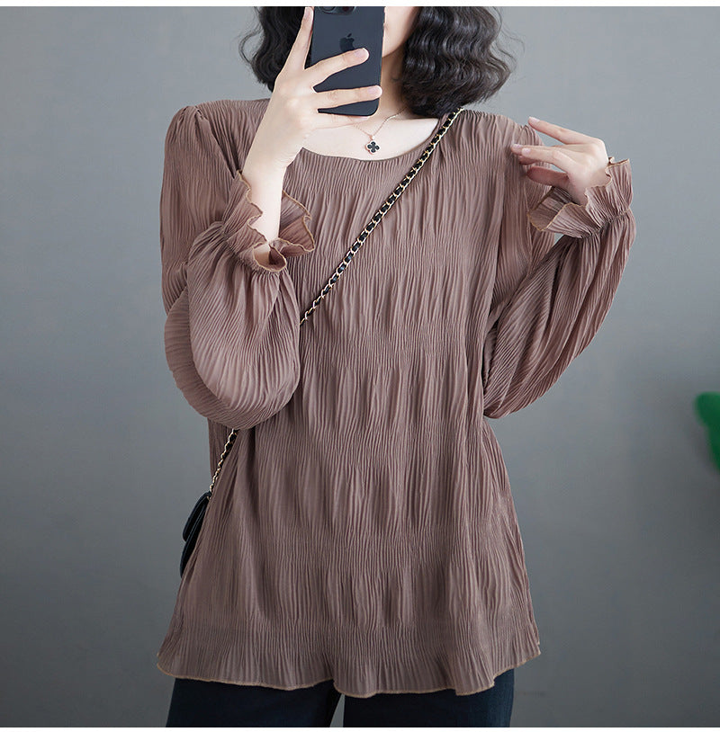 Pleated Bell Sleeve Chiffon Shirt Loose Long Sleeve Top