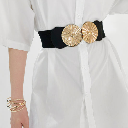 Stylish Women's Wide Belt Elastic Elastic Metal Circle With Jacket Shirt-skirt Waist Seal