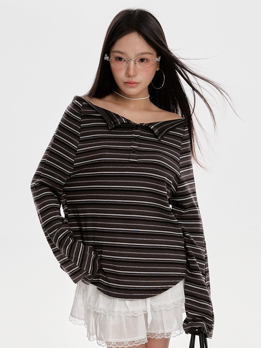 Striped Boat-neck Long-sleeve T-shirt Women's Style New Springautumn Collection