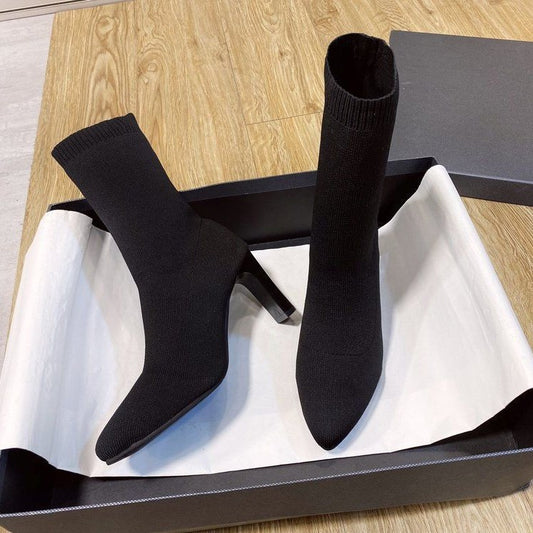 Womens Stretchy Chunky-Heel Square-Toe Suede Skinny Boots
