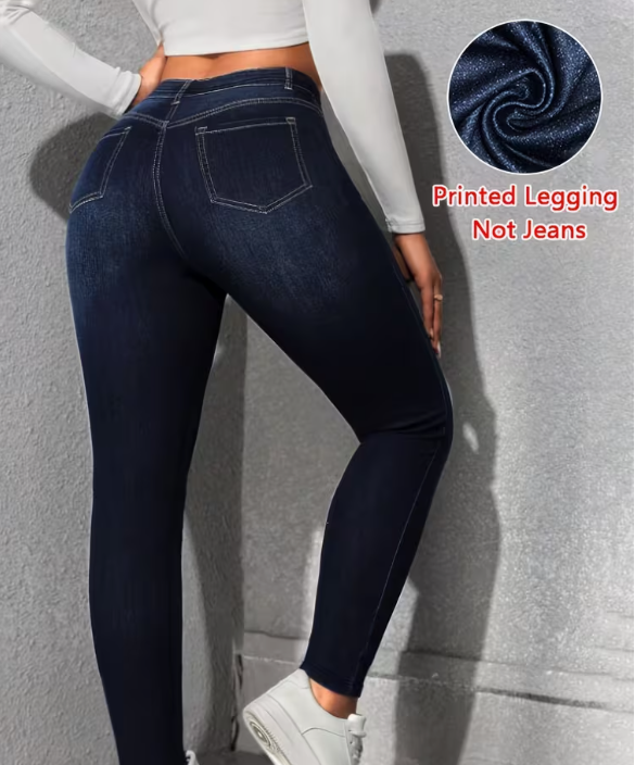 Ladies' Faux Denim Print Skinny Leggings
