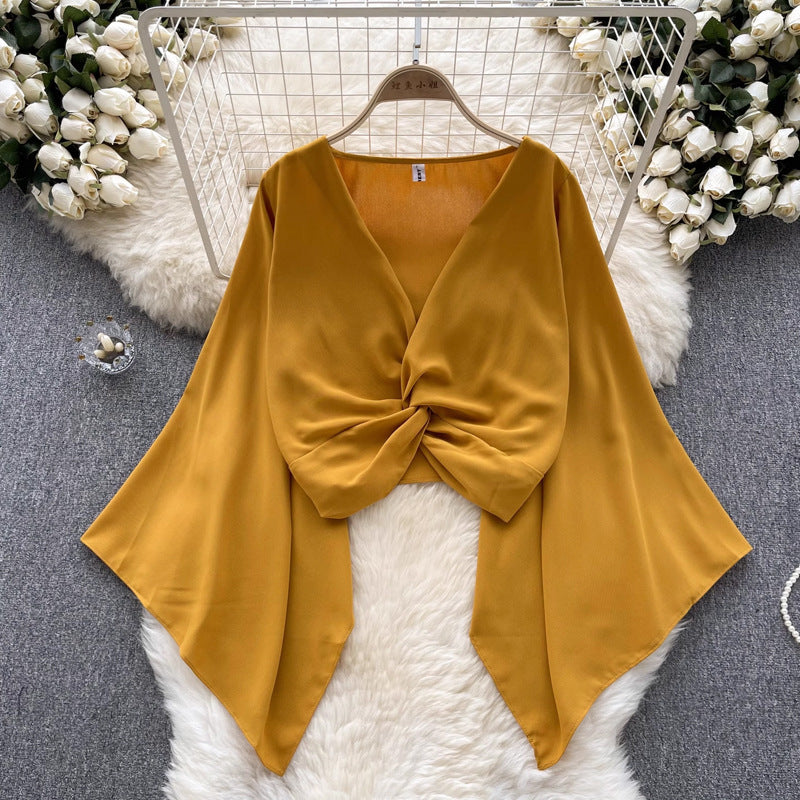Niche Design V-neck Knot Bell Sleeve Shirt