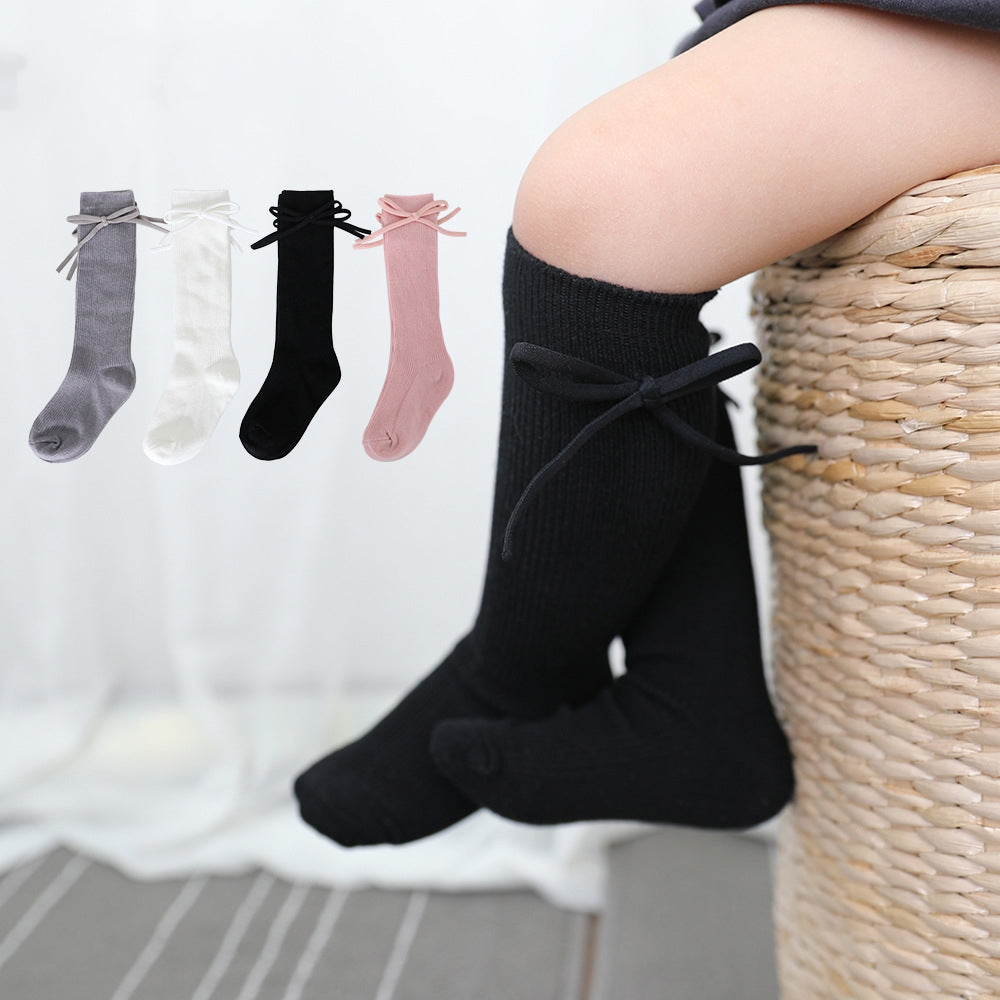 Girls' Bow Tube Socks Children's Monochrome Flat Mouth