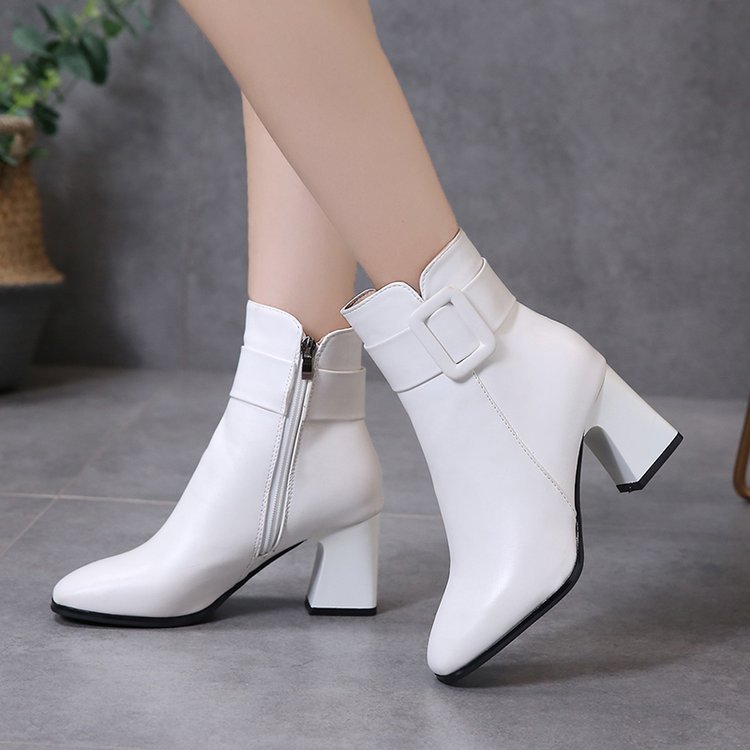Toe Thick Heel High Heel Belt Buckle Fashion White Martin Boots