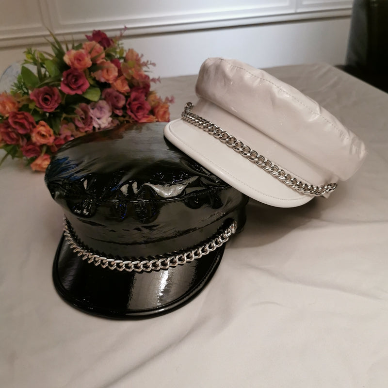 Fashion Octagonal Women's Patent Leather Chain Flat Hat
