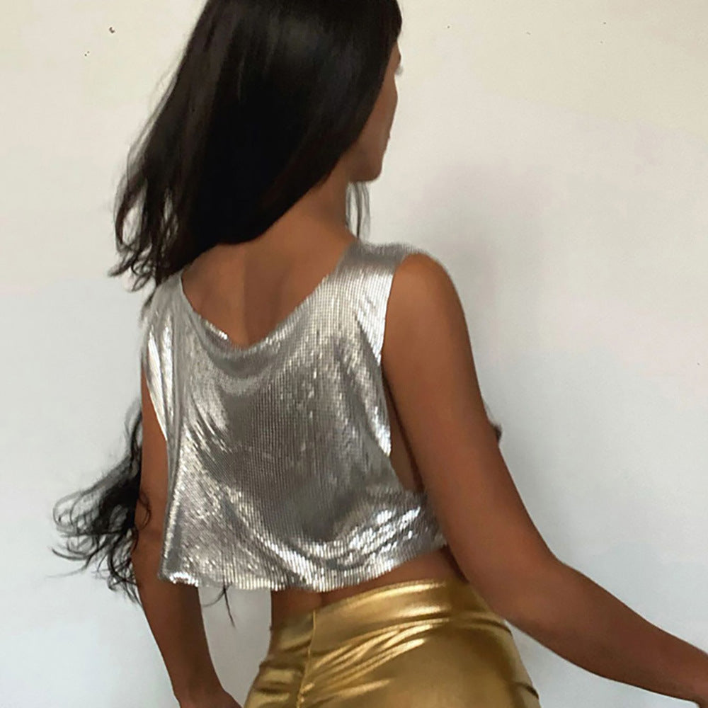 Summer Fashion Womens Metallic Halterneck T-shirt From Europe And The US