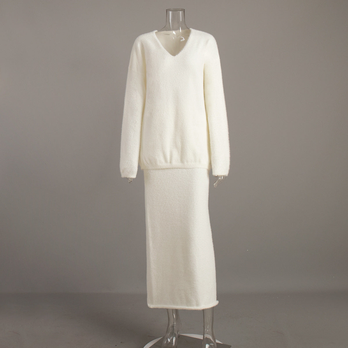 Simple Knitting V-neck Sweater Skirt Suit