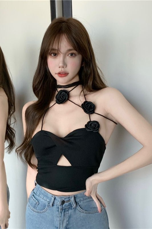 Women's Black Tight Halterneck Rose Suspender Summer Top