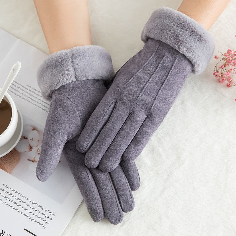 Suede warm gloves double layer plus velvet thick wind and cold riding touch screen gloves