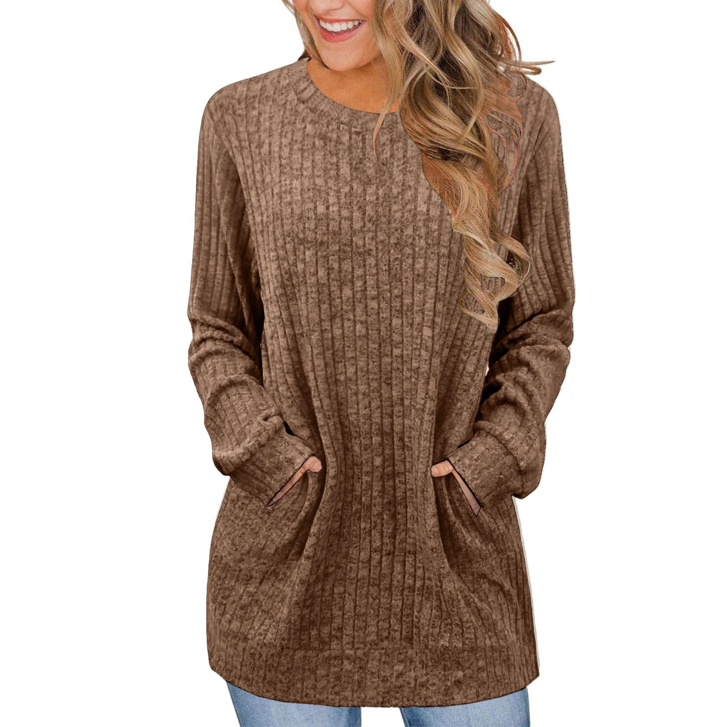 Casual Patchwork Crewneck Long-Sleeve Solid-Color Ribbed Sweater