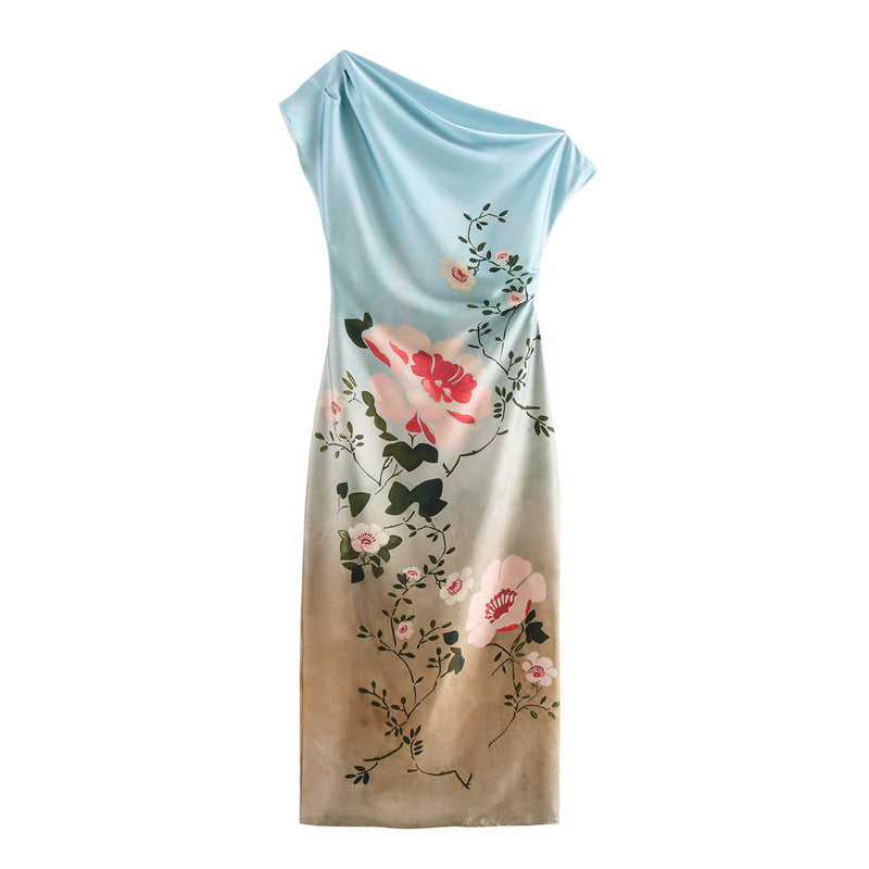 Womens Floral Print Silk-Satin Textured One-Shoulder Dress