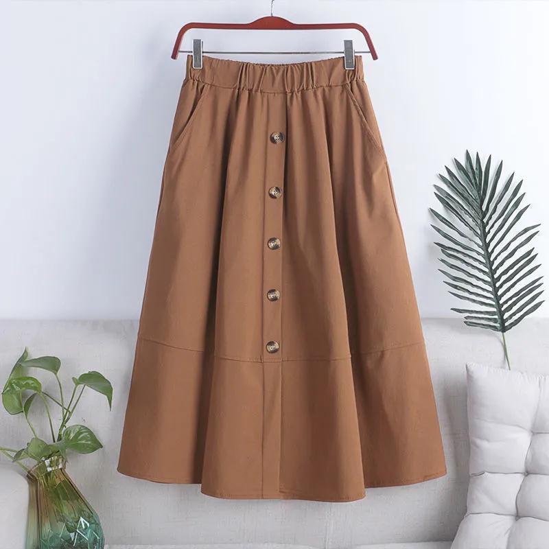Japanese Style All-matching Button Elastic Waist Big Hem Skirt