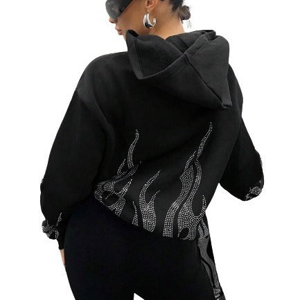Street Trend Flame Rhinestone Løs Hættetrøje Med Lynlås