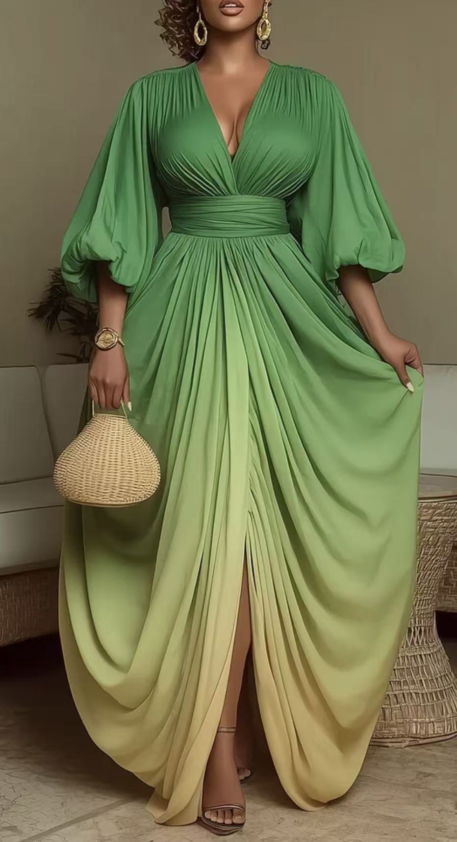 V-neck Stylish Elegant Printed Pleated Loose-fit Figure-flattering Dress