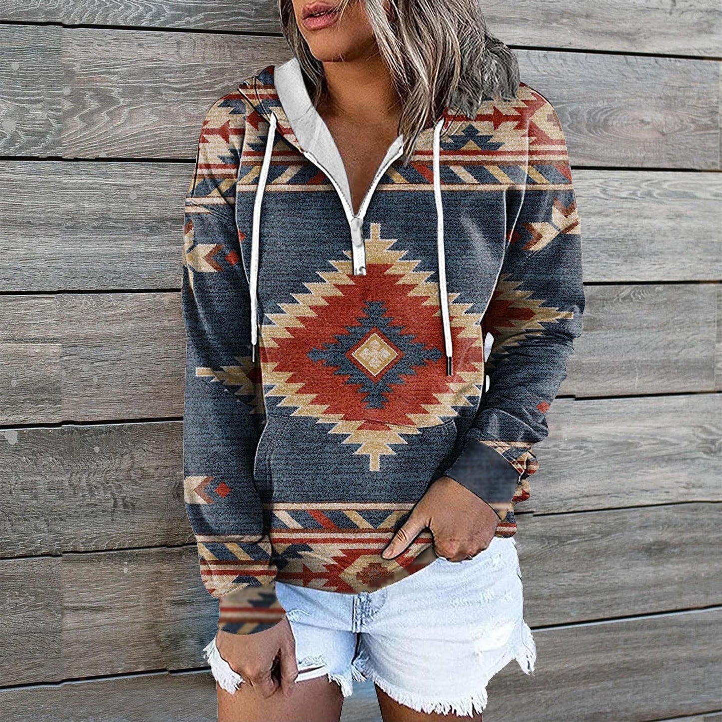 European And American Women's Zip Pocket Print Casual Hoodie