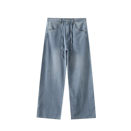 Summer Women's All-match Leisure Washed-out Lace-up Draping Mid-waist Straight Jeans