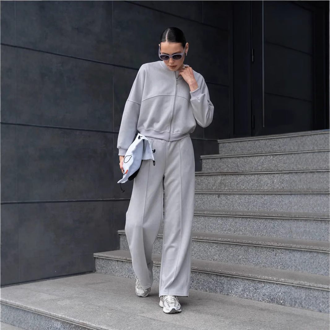 Solid-color Zip-up Cardigan Womens Hoodie Set