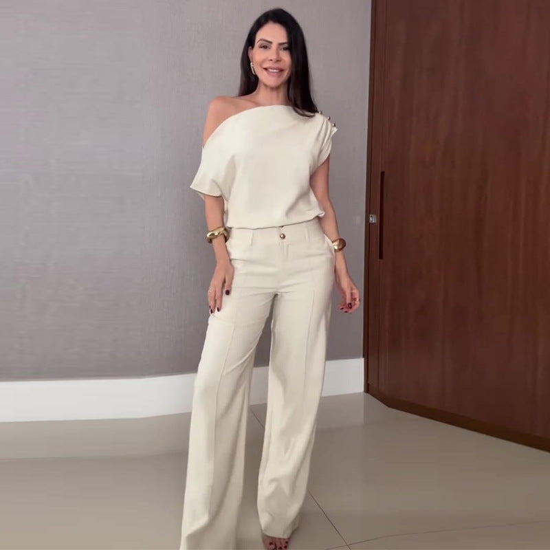 Womens Fashion Off-Shoulder Top And Simple Wide-Leg Pants Set