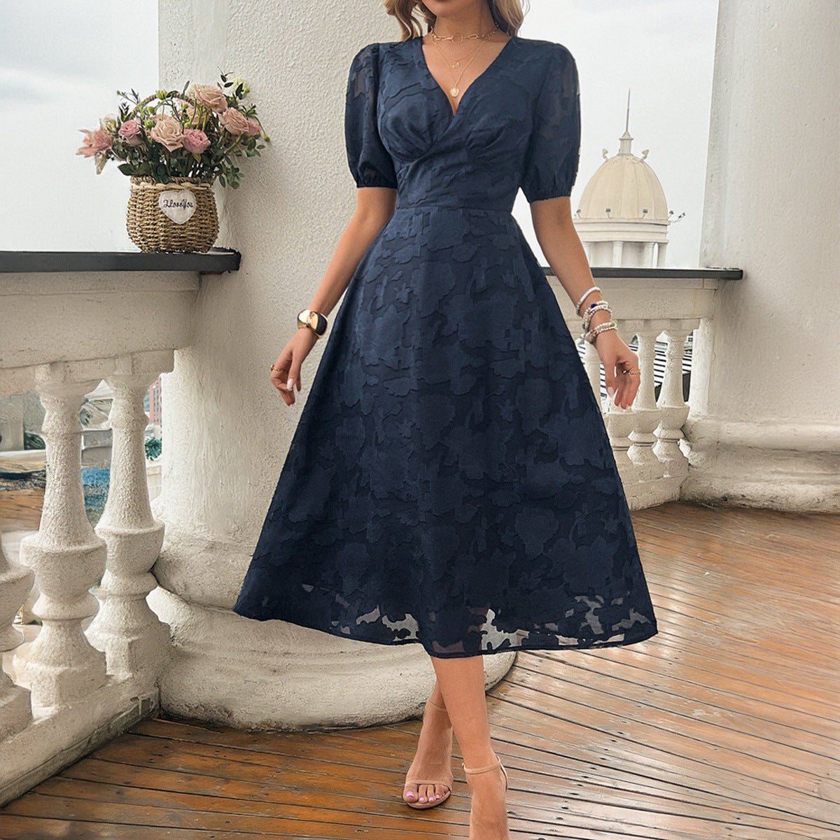V-hals Højtaljet Vintage Elegant Kjole