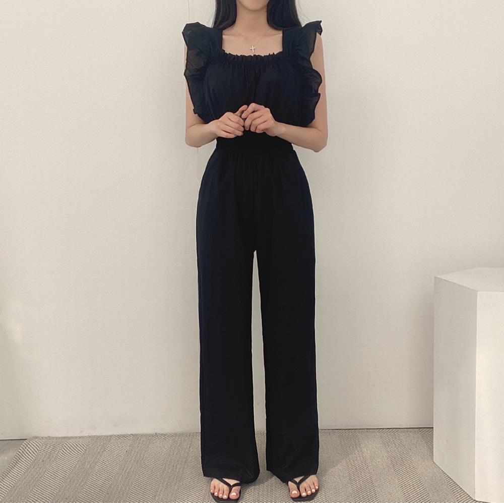 Fransk Retro Jumpsuit Med Firkantet Halsudskæring, Flæser, Flæseærmer, Elastik I Taljen Og Højtaljede Vide Ben Til Kvinder