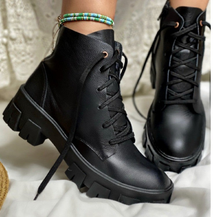 Women's Leather Boots Mid-tube Casual Short Boots