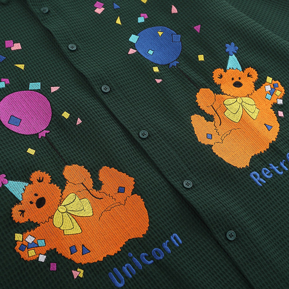 Street Fashion Japanese Bear Embroidery Long Sleeve Shirt