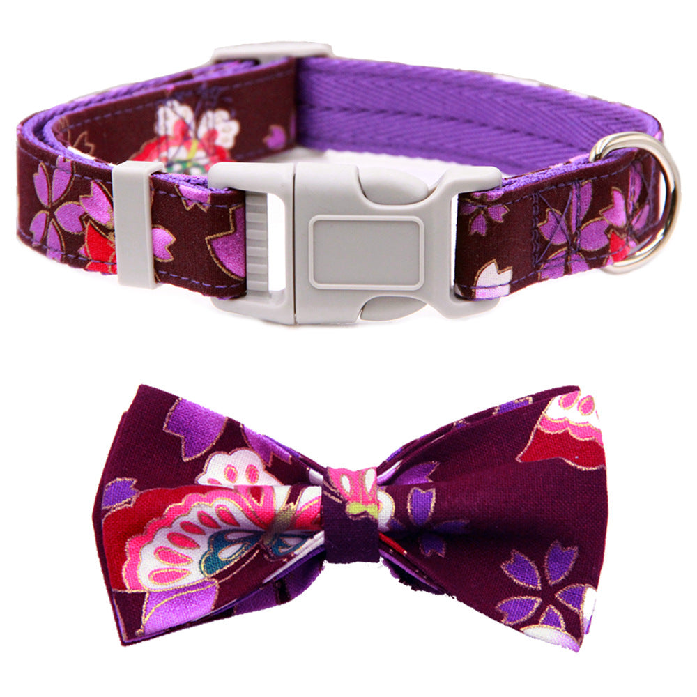 Dog Collar Adjustable Pet Collar Floral Bow Floral Fabric Ribbon Thickened Double Layer
