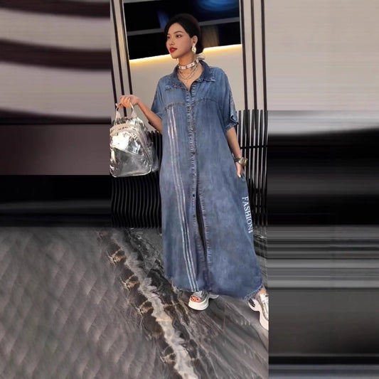 Spring Summer Mid-Length Denim Printed Dress