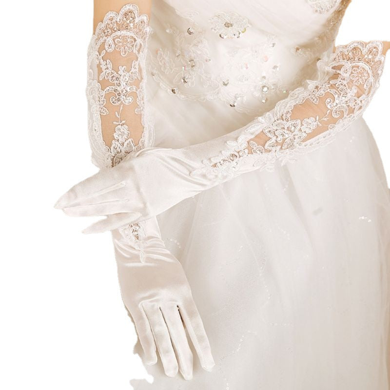 New Bridal Wedding Dress Gloves Banquet Satin Lace Embroidered