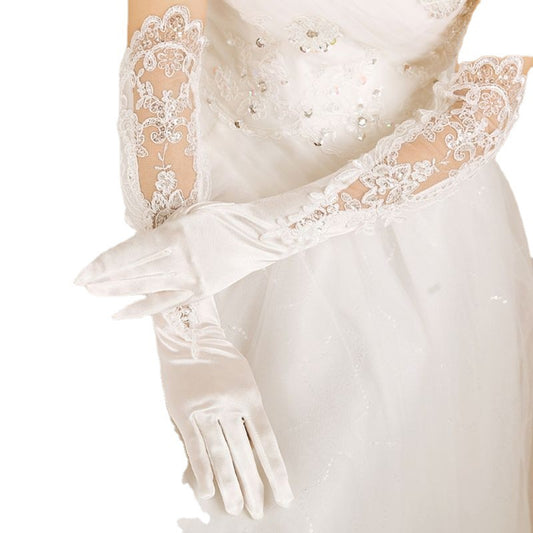 New Bridal Wedding Dress Gloves Banquet Satin Lace Embroidered