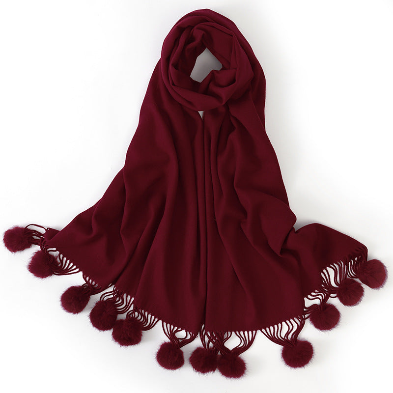 Pure color rabbit fur ball cashmere scarf