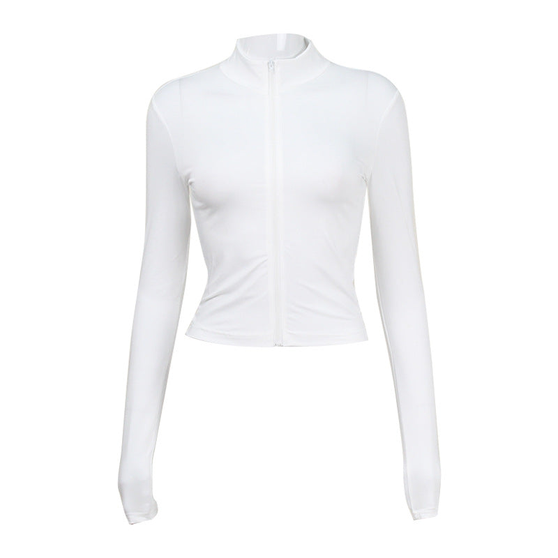Langærmet cardigan med lynlås og høj hals til kvinder, cropped og figursyet top