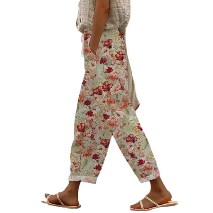 Digital Flower Printing Rag-eared Casual Pants
