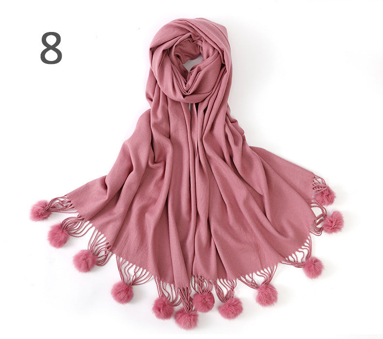 Pure color rabbit fur ball cashmere scarf