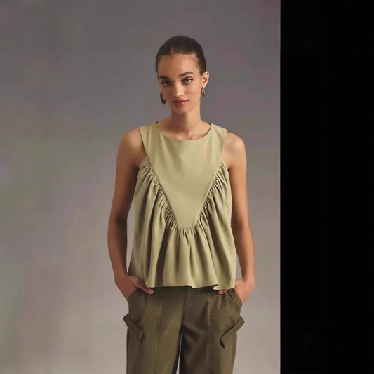 Pleated Decorative Vest Women's Solid Color Round Neck Sleeveless Pullover