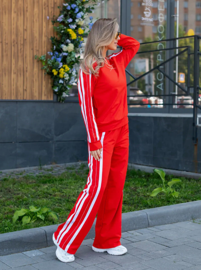 Womens Striped Loose-Fit Long-Sleeve Half-Zip Hoodie With Drawstring And Matching Sweatpants Set