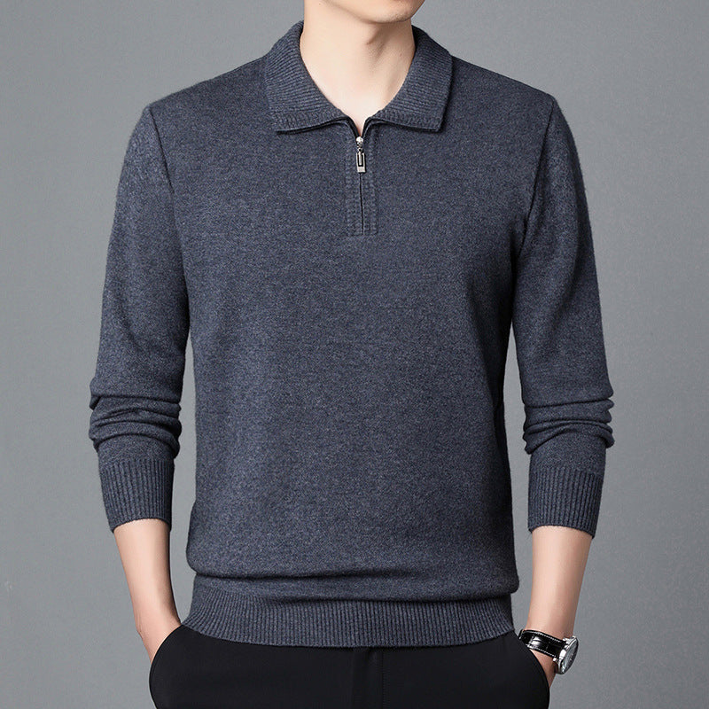 T-shirt Trendy High-end Men's Lapel Pullover Long Sleeve Knitted Sweater 100 Wool