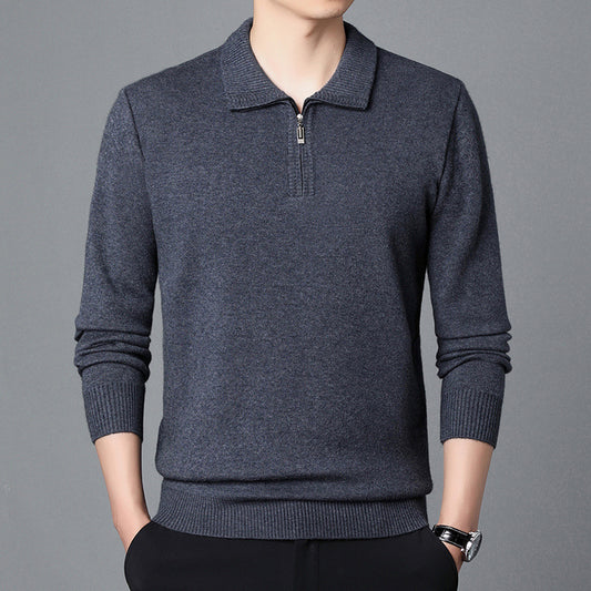 T-shirt Trendy High-end Men's Lapel Pullover Long Sleeve Knitted Sweater 100 Wool