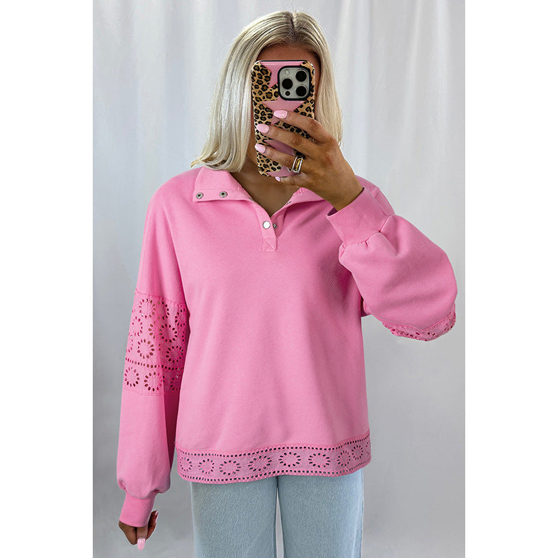 Ensfarvet Pullover Revers Langærmet Sweater Damemode Europæisk og Amerikansk