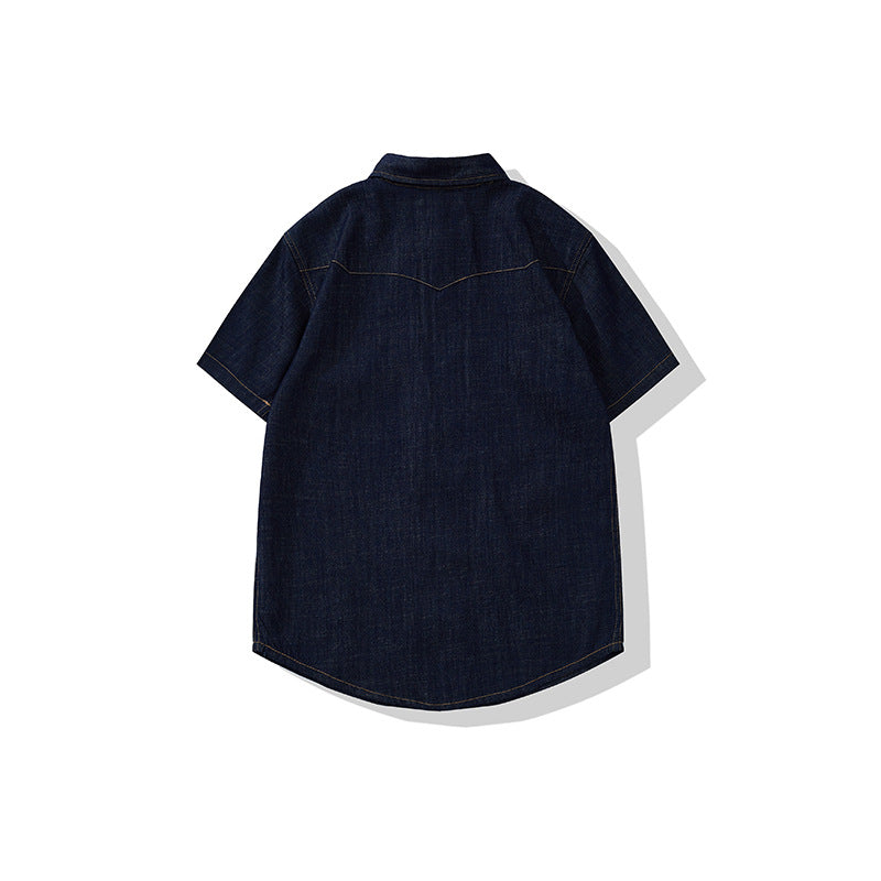 American Retro Classic Bag Flower Wash Short Sleeve Denim Shirt