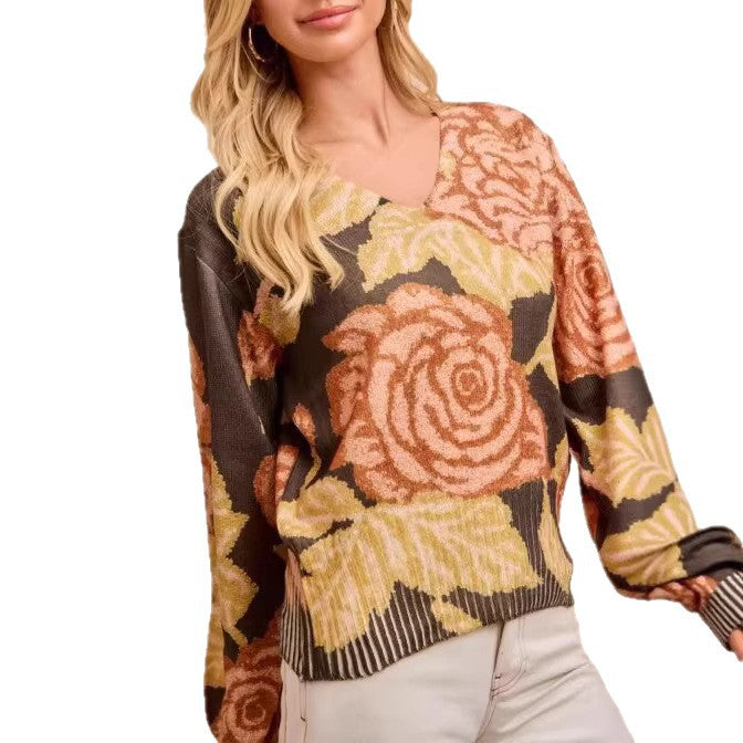 Women's Long-Sleeve Floral Print Sweater