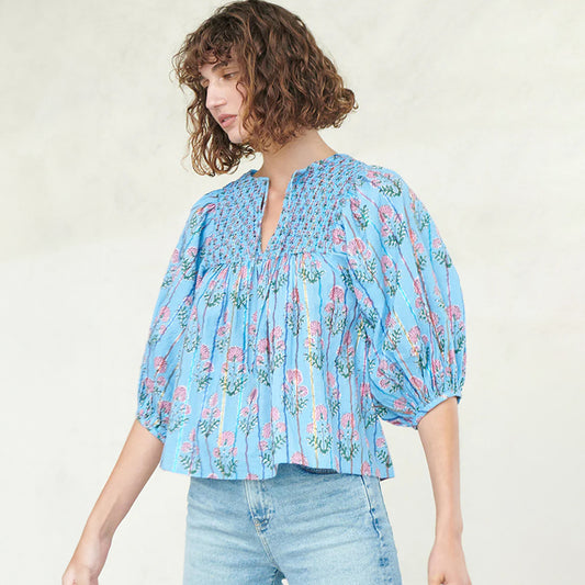 New Casual Womens Floral Chiffon Blouse With Puff Sleeves
