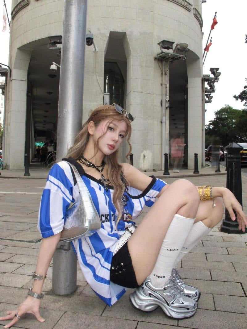 American Retro Jersey Style T-shirt Loose Off-the-shoulder