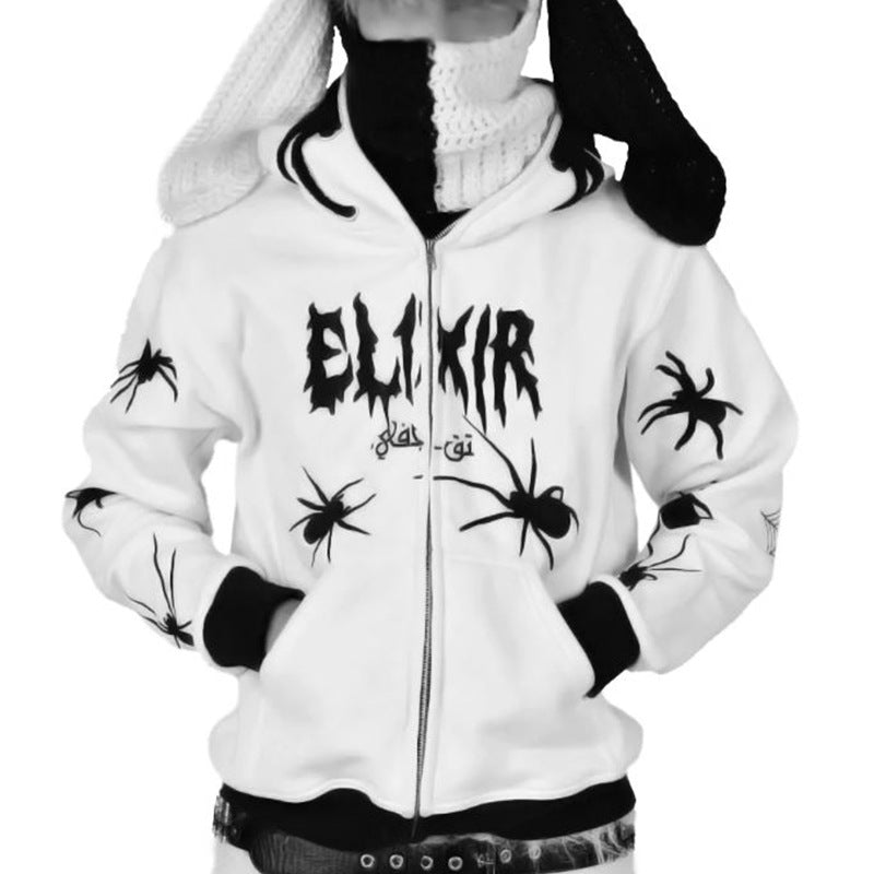 Spider Print Hooded Zipper Loose Men And Women Tide Sweater Jacket