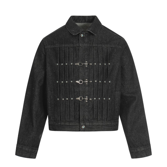 American Retro Airplane Buckle Pleated Gem Button Design Denim Jacket
