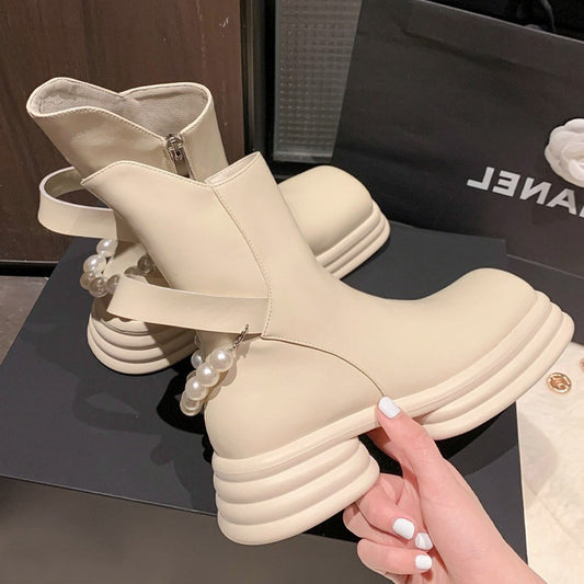 Platform Oblique Mouth Pearl Chain Women's Boots
