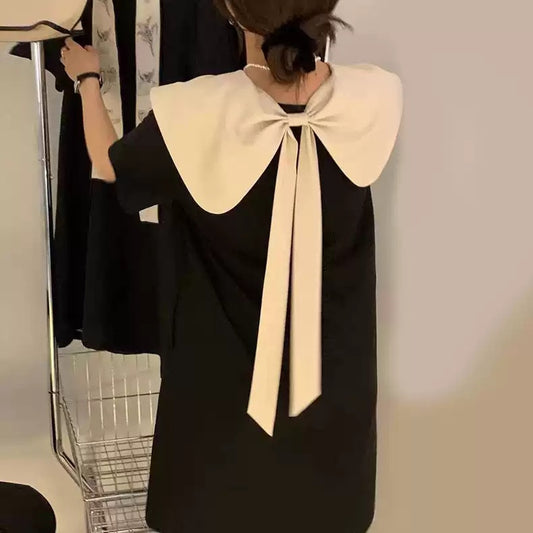 Contrast-Color Doll Collar Bow-Knot Dress For Women