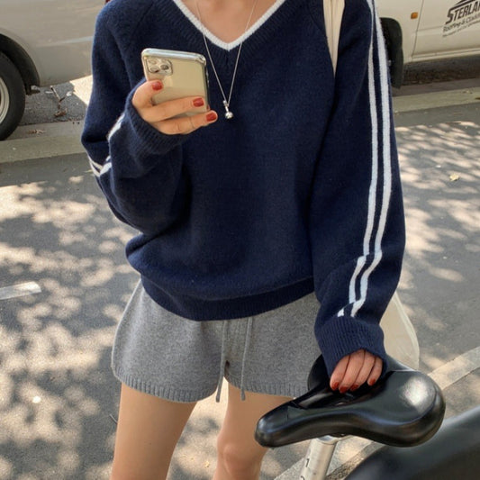 Minimalist Color Contrast Patchwork Striped V-neck Loose Comfortable Long Sleeve Knitwear