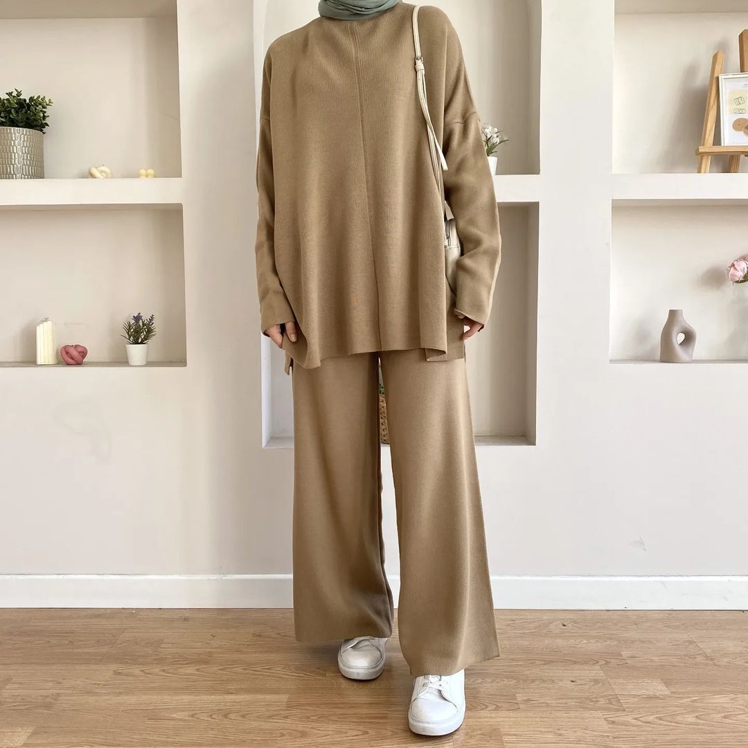 Women's Casual Woolen Sweater Wide-leg Trousers Suit