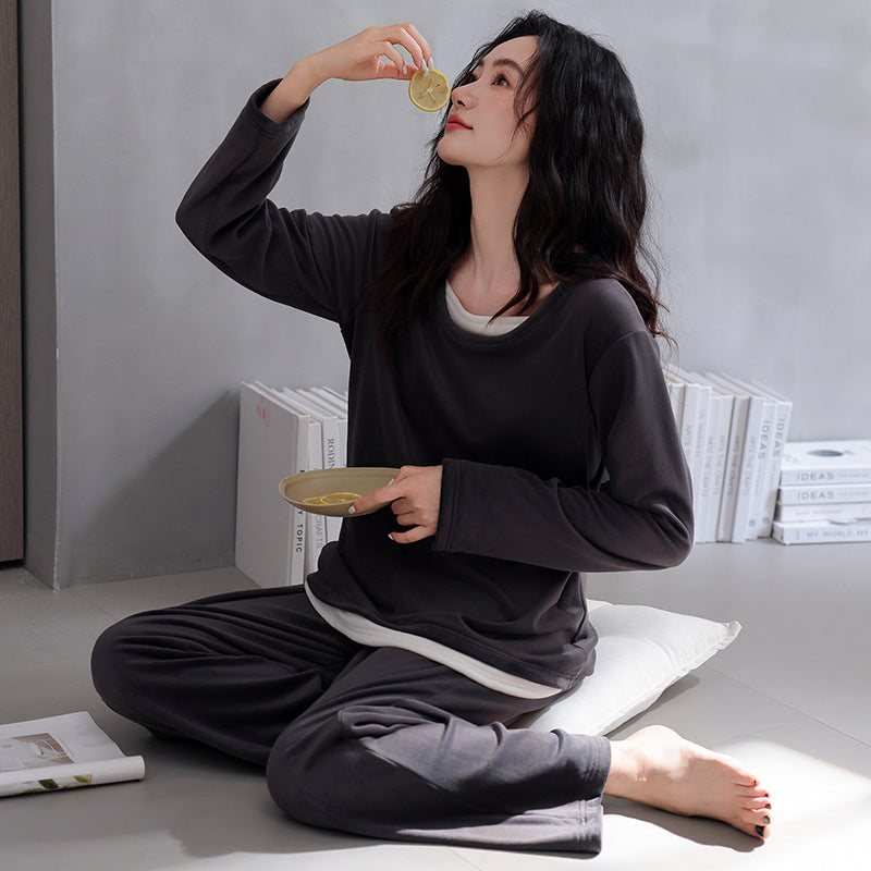 Womens Solid-Color Casual Plus-Size Loose Pajama Set